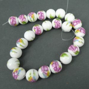 Porcelænsperler med lyserøde blomster 12mm