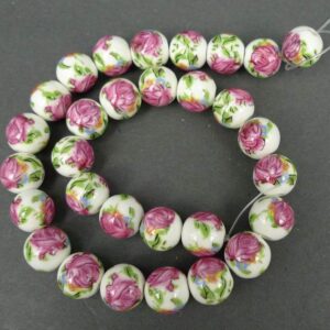 Porcelænsperler med pink roser 12mm