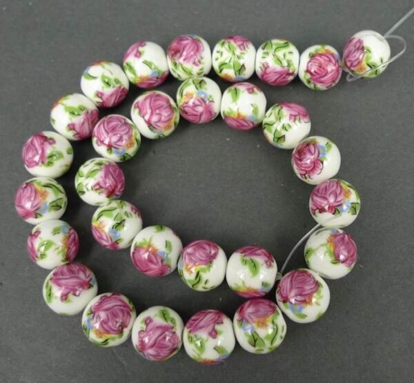 Porcelænsperler med pink roser 12mm