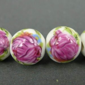 Porcelænsperler med pink roser 12mm