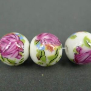 Porcelænsperler med pink roser 12mm