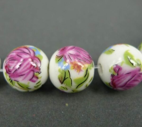 Porcelænsperler med pink roser 12mm