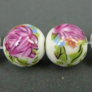 Porcelænsperler med pink roser 12mm
